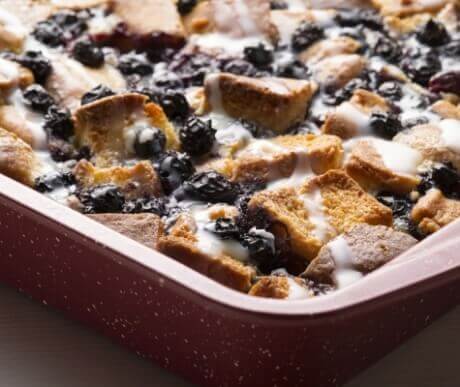 Blueberry Biscuit Pudding with White Chocolate Sauce