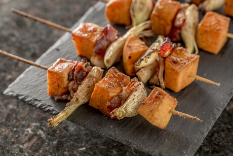 Spiced Sweet Potato & Bacon Skewers with Sausage