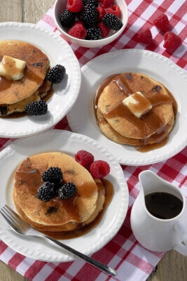 Chocolate Chunk Pancakes with Honey-Cinnamon Syrup