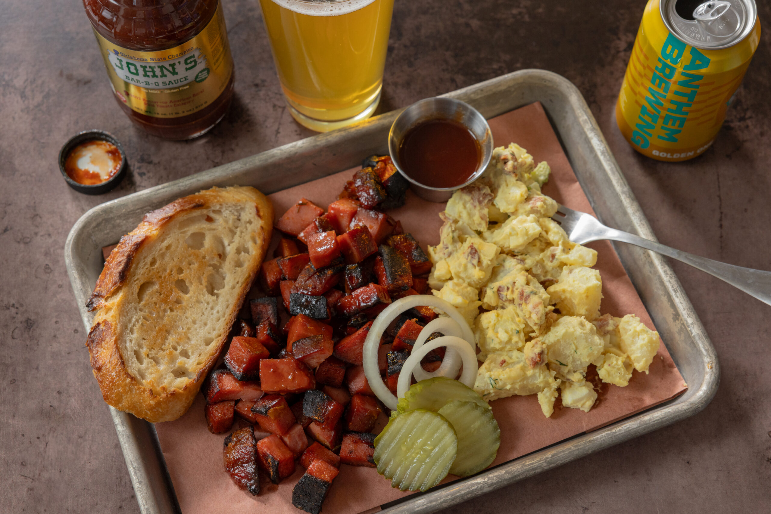 Smoked Bologna Burnt Ends Schwabs Johns BBQ Sauce Anthem Brewing