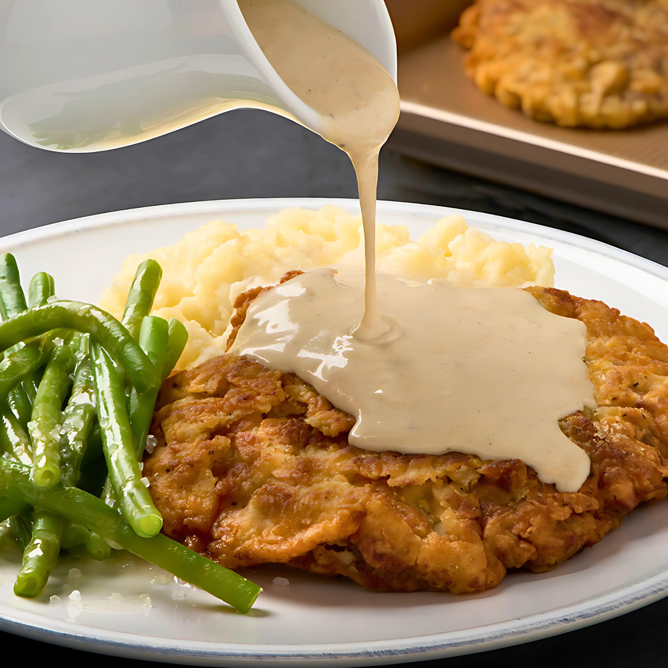 A classic Truck Stop Chicken Fried Steak smothered in creamy Braum's gravy, served with a side of potatoes, and made with Shawnee Milling Co. flour and Hansen's Eggs.